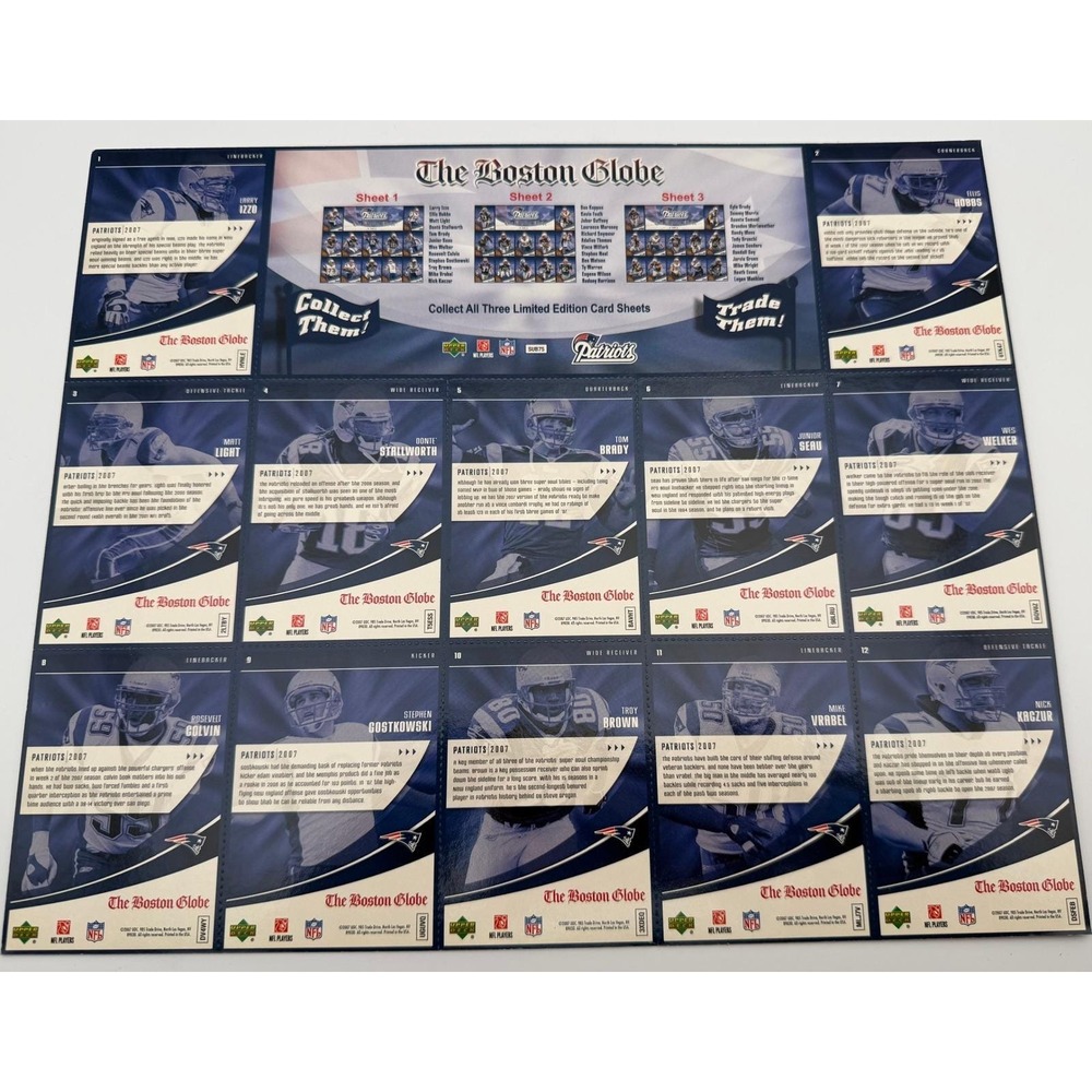 2007 Upper Deck New England Patriots Boston Globe Complete 3 Sheet Set Tom Brady - Picture 5 of 9